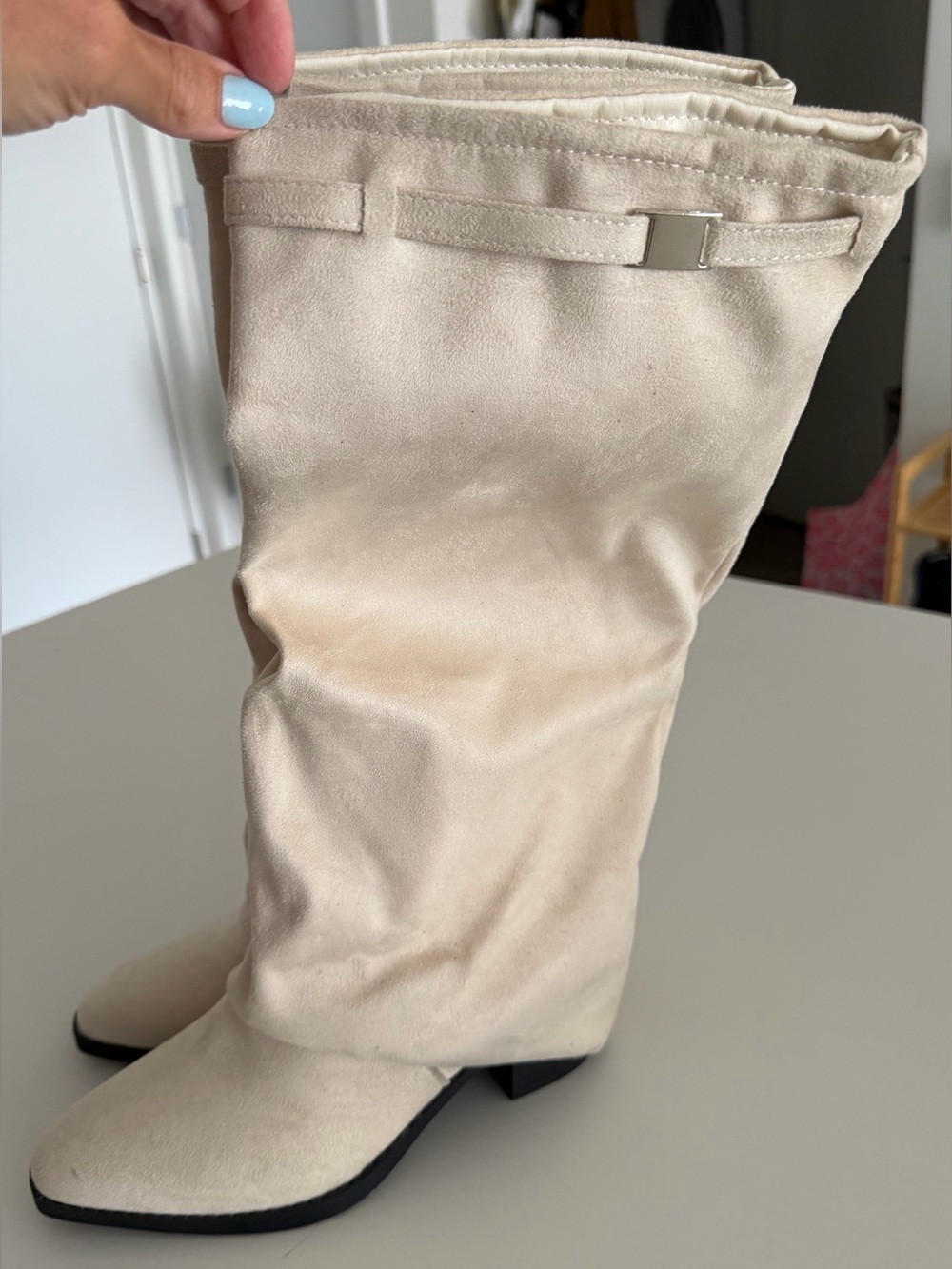 Beige Fold Over High Boot